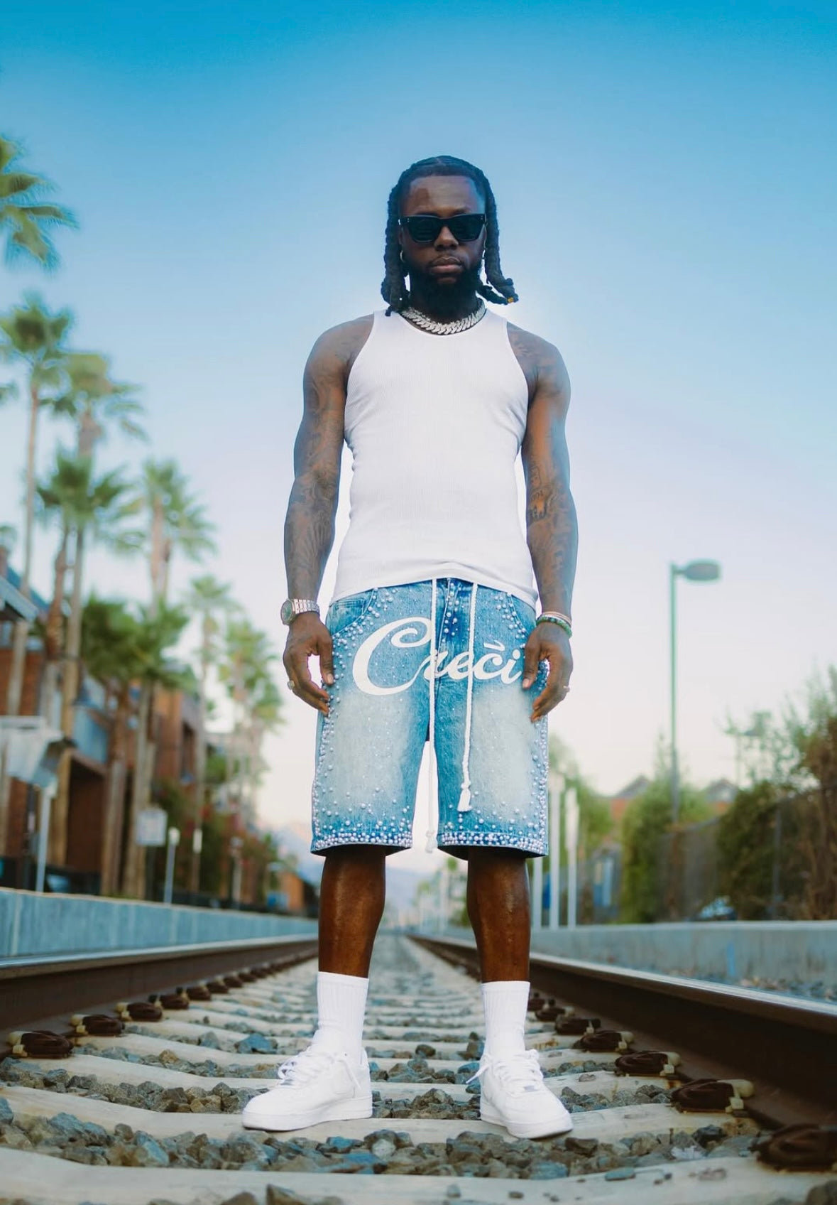 Pearl-Studded Statement denim shorts