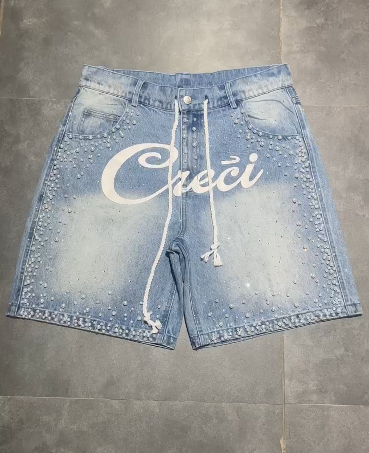 Pearl-Studded Statement denim shorts