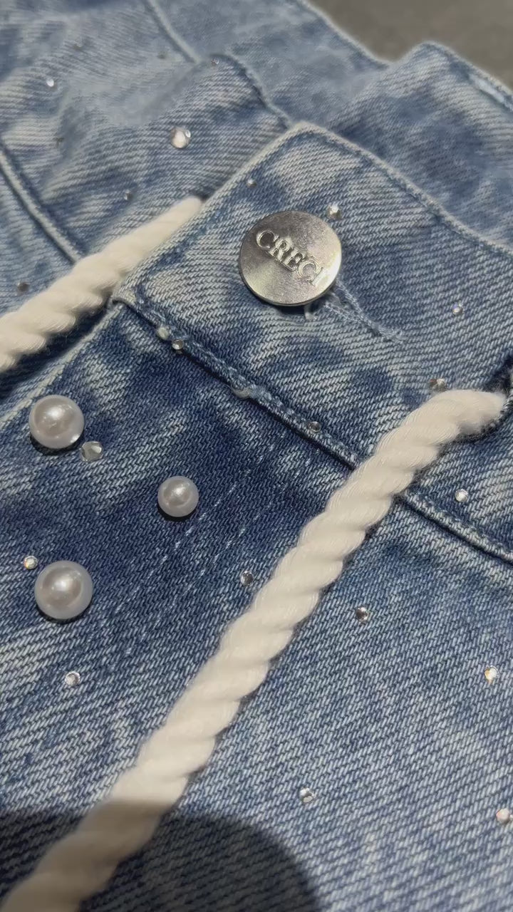 Pearl-Studded Statement denim shorts